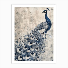 Peacock Rustic Linocut Inspired Art Print