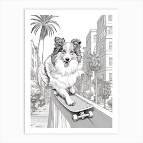 Shetland Sheepdog (Sheltie) Dog Skateboarding Line Art 3 Art Print