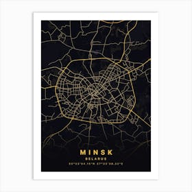 Minsk Belarus Black And Gold Map Art Print