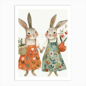 Two Rabbits Holding Flowers Art Print