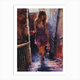 Watercolor Of A Woman Walking Down Stairs Art Print