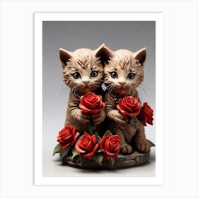 Two Kittens With Roses Art Print