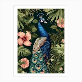 Peacock With Tropical Flowers Art Print