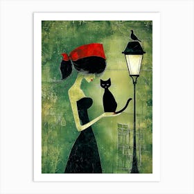 Cat And A Woman Art Print