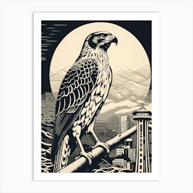 B&W Bird Linocut Red Tailed Hawk 1 Art Print