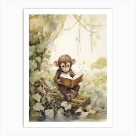 Monkey Painting Reading Watercolour 4 Art Print