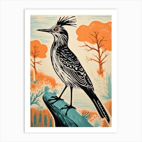 Vintage Bird Linocut Roadrunner 4 Art Print