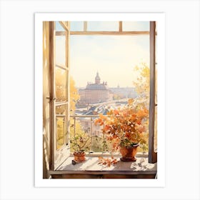 Window View Of Belgrade Serbia In Autumn Fall, Watercolour 4 Art Print