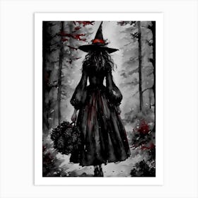 Autumn Witch in the Darkling Woods ~ Witchy Gothic Fall Spooky Fairytale Watercolour  Art Print