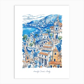 Amalfi Coast Italy Illustration Line Art Travel Blue Art Print