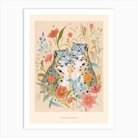 Folksy Floral Animal Drawing Snow Leopard 3 Poster Art Print