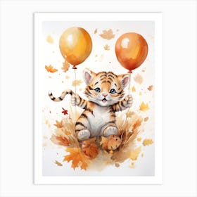 Tiger Flying With Autumn Fall Pumpkins And Balloons Watercolour Nursery 3 Art Print