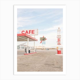 Route 66, USA I Mythical historic Roy's Cafe and Motel gas station in a California desert landscape photography in an American retro vintage american countryside with summer light pastel red and blue aesthetic Art Print