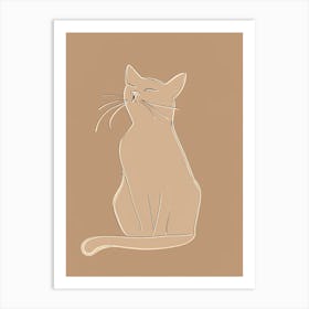 Cat Sitting On A Brown Background - Boho, Line Art Art Print