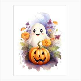 Cute Ghost With Pumpkins Halloween Watercolour 40 Art Print