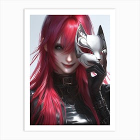 Red Haired Girl With Cat Mask Art Print