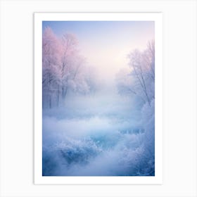 A Winter Forest Enveloped In A Dreamy Haze Mist Intertwining With Soft Colors Of Baby Blue Pink A Art Print