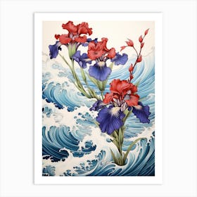 Great Wave With Iris Flower Drawing In The Style Of Ukiyo E 3 Art Print