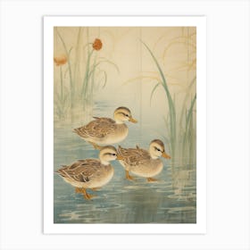 Ducklings With Pond Grass Japanese Woodblock Style 2 Art Print