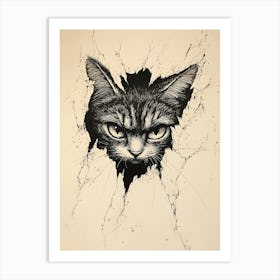 Angry Cat Watching from Wall Hole 19 Art Print