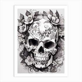 Sugar Skull With Flowers Print Art Print