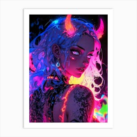 Demon girl with horns, tattoos, and crazy vibes. A sexy, horny, anime girl in an erotic fantasy. Devilish hentai charm, a manga woman, and an alluring female character. Art Print