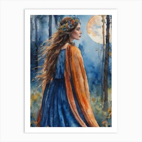 Moon Goddess - Beautiful Moon Maiden Woman - Witchy Art By Lyra the Lavender Witch - Autumn Flowers Full Moon Witch Pagan Witchcore Cottagecore Forest Art Print