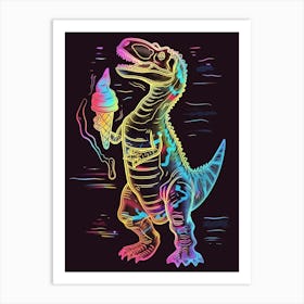 Neon Dinosaur Line Illustration Eating Ice Cream Art Print