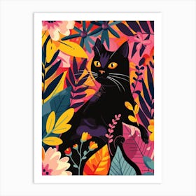 Black Cat With Flowers 10 Art Print