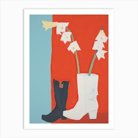 A Painting Of Cowboy Boots With White Flowers, Pop Art Style 6 Art Print