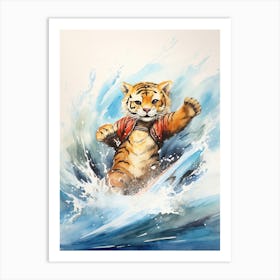 Tiger Illustration Surfing Watercolour 1 Art Print