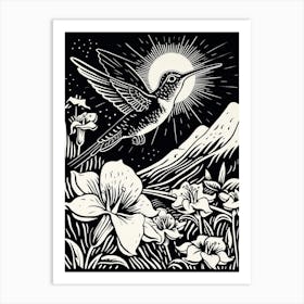 B&W Bird Linocut Hummingbird 4 Art Print