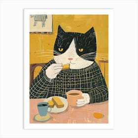 Black And White Cat Having Breakfast Folk Illustration 1 Art Print