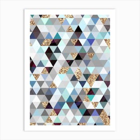 Abstract Geometric Triangle Pattern in Teal Blue and Glitter Gold n.0012 Art Print