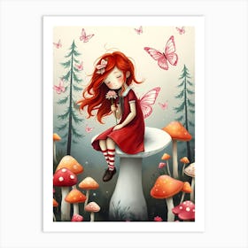 Fairy Girl Sitting On A Mushroom Art Print