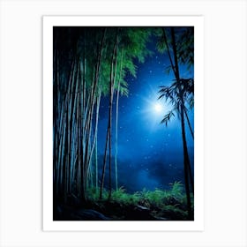 Moonlight Casting Ethereal Glow Onto Dense Bamboo Forest Star Laden Midnight Sky Enveloping Above Art Print