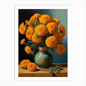 Orange Flowers In A Blue Vase Art Print