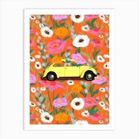 Floral Vintage Yellow Car Art Print