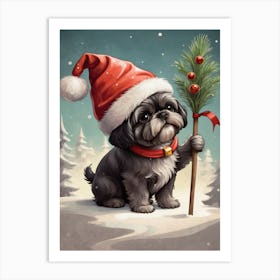 Christmas Shih Tzu Dog Wear Santa Hat (7) Art Print