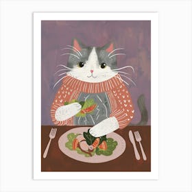 Cute Grey Cat Eating Salad Folk Illustration 3 Art Print