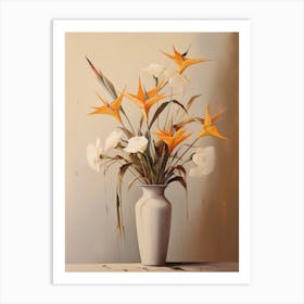 Bird Of Paradise, Autumn Fall Flowers Sitting In A White Vase, Farmhouse Style 3 Art Print