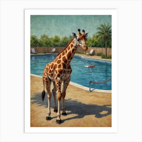 Giraffe By The Pool Art Print