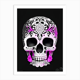 Skull With Abstract Elements 1 Pink Doodle Art Print
