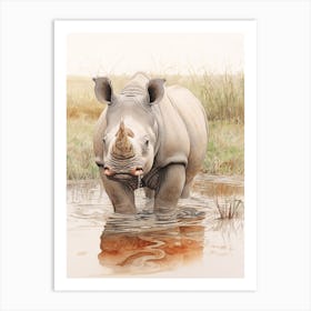 Vintage Illustration Of A Rhino In The Lake  4 Art Print