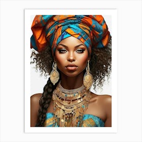 Beautiful And Sexy Black Woman Wearing Blue and Orange, with Gold Accessories in Portrait Pose Illustration 7 Art Print