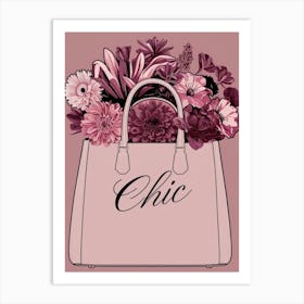 Fashionable wall art pink handbag with pink and purple floral flowers with the word chic retro print trending 2025 Art Print