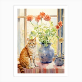 Cat With Amaryllis Flowers Watercolor Mothers Day Valentines 1 Art Print