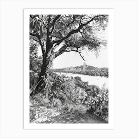 Mount Bonnell Austin Texas Black And White Drawing 2 Art Print