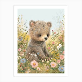 Sloth Bear Cub In A Field Of Flowers Storybook Illustration 4 Art Print