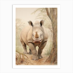 Vintage Illustration Of A Rhino Walking Through The Jungle 2 Art Print